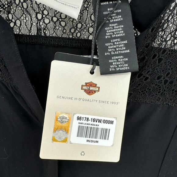 Harley Davidson Mixed Media Lace Velvet Button Top Sz M Black Rhinestone Tunic - Picture 6 of 6